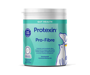 White background with a bottle of Protexin Pro-Fibre for cats and dogs capsules picutred. On the bottle is an illustrated outline of a cat and dog. Text on the box reads 'Prebiotic and postbiotic fibre supplement to support gut health, healthy weight management and promote healthy anal glands.' 