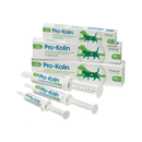 Pile of three boxes of Protexin Pro-Kolin paste for cats and dogs in the old green and white design, with a silhouette of a cat and dog on each box. Below is the three sizes of syringes out of their boxes. 