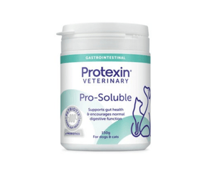 White background with a bottle of Protexin Pro-Soluble for cats and dogs capsules picutred. On the bottle is an outline of a cat and dog. Text on the box reads 'Supports gut health & encourages normal digestive function.'
