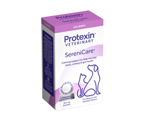 White background with a box of Protexin SereniCare 30x 1g sachets picutred. On the box is an outline of a cat and dog. Text on the box reads 'Calming support to help manage stress, anxiety & gut health, 30x 1g sachets, for dogs and cats, chicken flavour.'