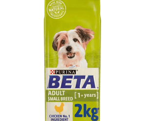White background with a green bag of Purina Beta Small Breed Adult Dog Food. Pictured on the bag is a mixed terrier-type dog, text on the bag reads 'Purina Beta, Adult Small Breed (1+ years) Chicken No.1 Ingredient.' 