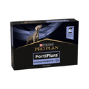 White background with a black box of Purina Pro Plan FortiFlora Canine Probiotic with a picture of a Weimaraner on the box. 
