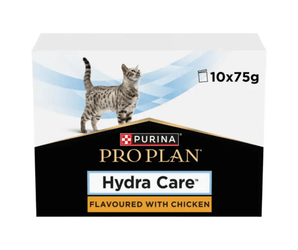 Purina Pro Plan Hydra Care flavoured with Chicken cat food packaging, featuring a grey tabby cat on a white and black box with blue accents.