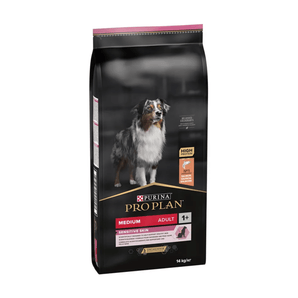 White background with a black bag of Purina Pro Plan Medium Sensitive Skin dry food. Pictured on the bag is an adult tri-coloured collie dog. 