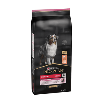 White background with a black bag of Purina Pro Plan Medium Sensitive Skin dry food. Pictured on the bag is an adult tri-coloured collie dog. 