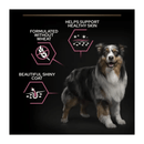 Black background with a tricoloured collie dog pictured. Next to the dog is text 'Helps support healthy skin, Formulated without wheat, Beautiful shiny coat'. 