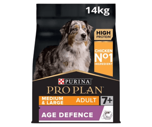 White background with a black bag of Purina Pro Plan Medium/Large Adult 7+ Age Defence dry food. Pictured on the bag is an adult tri-coloured collie dog. 