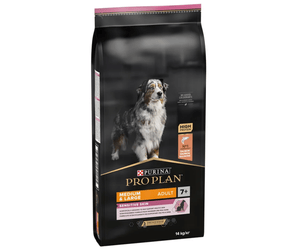 White background with a black bag of Purina Pro Plan Medium/Large Sensitive Skin dry food. Pictured on the bag is an adult tri-coloured collie dog. 