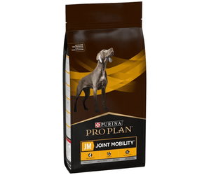 White background with a black bag of Purina Pro Plan Joint Mobility dry food. Pictured on the bag is an adult Weimaraner dog. 