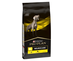 White background with a black bag of Purina Pro Plan Neurocare dry food. Pictured on the bag is an adult Weimaraner dog. 