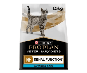 White background with a white and black bag of Purina Pro Plan Veterinary Diets NF Renal Function dry cat food. Pictured on the bag is an adult silver tabby cat. 