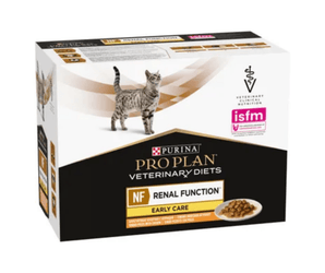 White background with a side view of white and black box of Purina Pro Plan Veterinary Diets NF Renal Function Early Care. Pictured on the box is an adult silver tabby cat. 