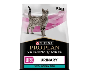 White background with a white and black bag of Purina Pro Plan Veterinary Diets UR Urinary with Ocean Fish dry cat food. Pictured on the bag is an adult silver tabby cat. 
