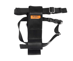 White background with a front view of a black RAC 2 in 1 car harness, with an orange tag with 'RAC' on it.