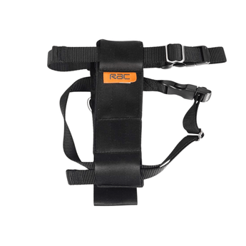 White background with a front view of a black RAC 2 in 1 car harness, with an orange tag with 'RAC' on it.
