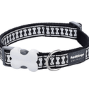 A close up of a Red Dingo Black Reflective Dog Collar on a white background