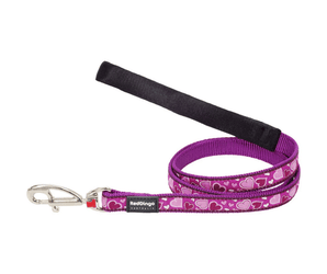 White background with a purple 'Red Dingo' dog lead with purple hearts on it. 