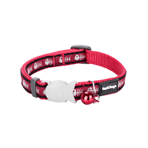 White background with a red 'Red Dingo' cat collar with fish skeletons pictured on it. 