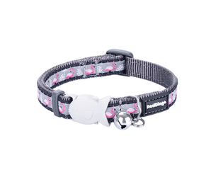 White background with a black and grey 'Red Dingo' cat collar with pink flamingos pictured on it. 