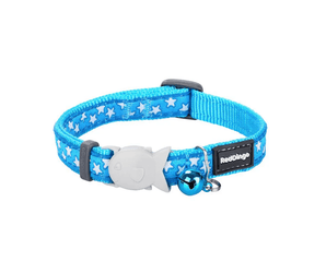 White background with a turquoise 'Red Dingo' cat collar with white stars pictured on it. 