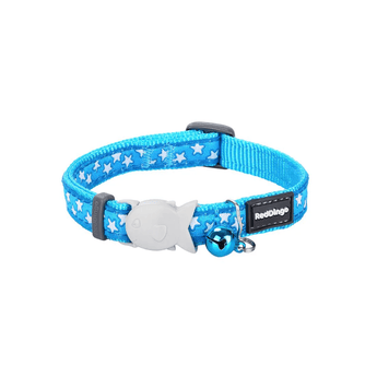 White background with a turquoise 'Red Dingo' cat collar with white stars pictured on it. 