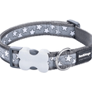A close up of the Red Dingo Cool Grey Stars Dog Collar on a white background