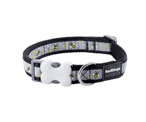 White background with a black and grey 'Red Dingo' dog collar with bees pictured on it. 