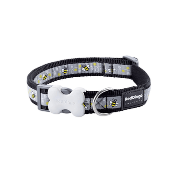 White background with a black and grey 'Red Dingo' dog collar with bees pictured on it. 