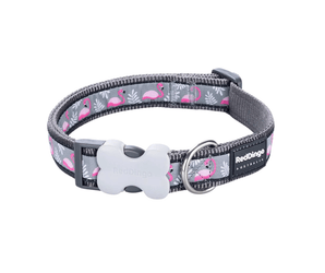 White background with a black and grey 'Red Dingo' dog collar with pink flamingos pictured on it. 