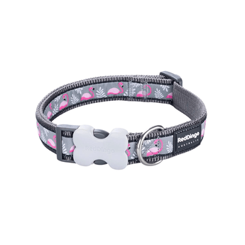 White background with a black and grey 'Red Dingo' dog collar with pink flamingos pictured on it. 