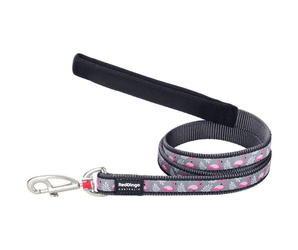 White background with a black and grey 'Red Dingo' dog lead with pink flamingos pictured on it. 
