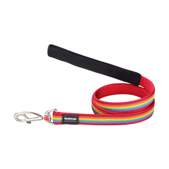 White background with a rainbow stripy 'Red Dingo' dog lead with red backing.