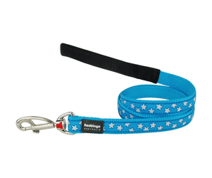 White background with a turquoise 'Red Dingo' dog lead with white stars on it.