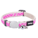 A close up of a Red Dingo Pink Paw Cat Collar on a white background