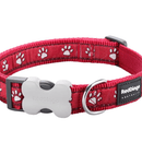 A close up of the Red Dingo Red Paw Dog Collar on a white background