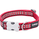 A close up of a Red Dingo Red Reflective Dog Collar on a white background