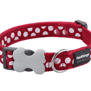 A close up of a Red Dingo Red Spots Dog Collar on a white background