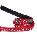 A close up of a Red Dingo Red Spots Dog Lead on a white background