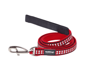 White background with a red 'Red Dingo' Reflective Lead with grey reflective bones along the length. 