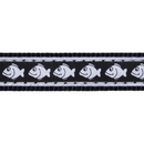 White background with a close up view of a black cat collar with silver reflective fish on it. 