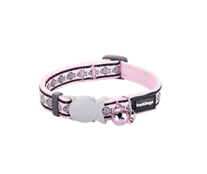 White background with a pink cat collar with silver reflective fish on it and a plastic fish buckle pictured. 