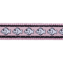 White background with a close up view of a pink cat collar with silver reflective fish on it. 