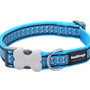 A close up of a Red Dingo Turquoise Reflective Dog Collar on a white background