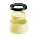 White background with a Prestige Pets Road Refresher dog bowl in a cream colour, the separate pieces that make up the bowl are shown with the black rubber trim, underneath the floating plate section and base water well. 