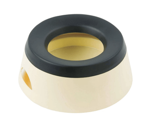 White background with a Prestige Pets Road Refresher dog bowl in a cream colour with a black rubber trim. 