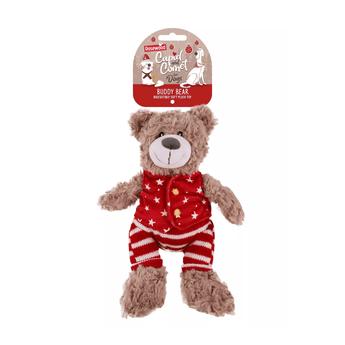 White background with a brown bear plush dog toy with red fabric with stars waist coat and red and white stripy trousers, a brown nose with stitched eye details, attached to a cardboard tag. 