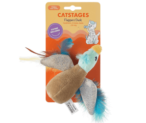 White background with a brown and green Rosewood Flapperz duck cat toy with a yellow beak and feathers attached to the wings, stitched eye details, attached to a cardboard backing.