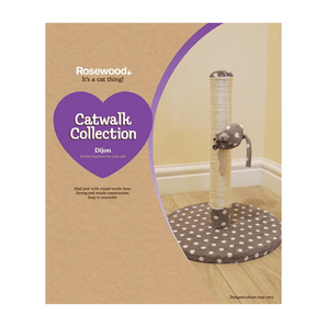 A box for a Rosewood Dijon Cat Scratcher with a grey and white spotty fabric base, top and mouse toy attachment. 