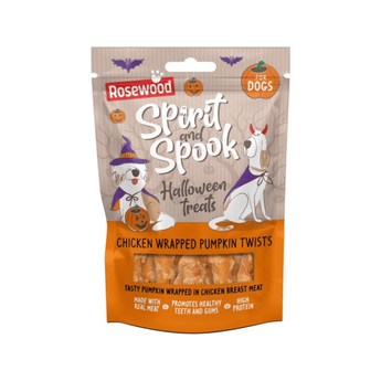 A bag of Rosewood Spirit and Spook Halloween Treats for dogs, featuring chicken wrapped pumpkin pieces visible through a clear window at the bottom. The packaging is brown and orange with illustrations of a dog in a witch hat and pumpkins.