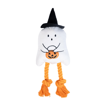 A Rosewood plush Halloween Gregory ghost dog toy with a black witch hat, embroidered face, and orange rope legs knotted at the bottom, shown on a plain white background.